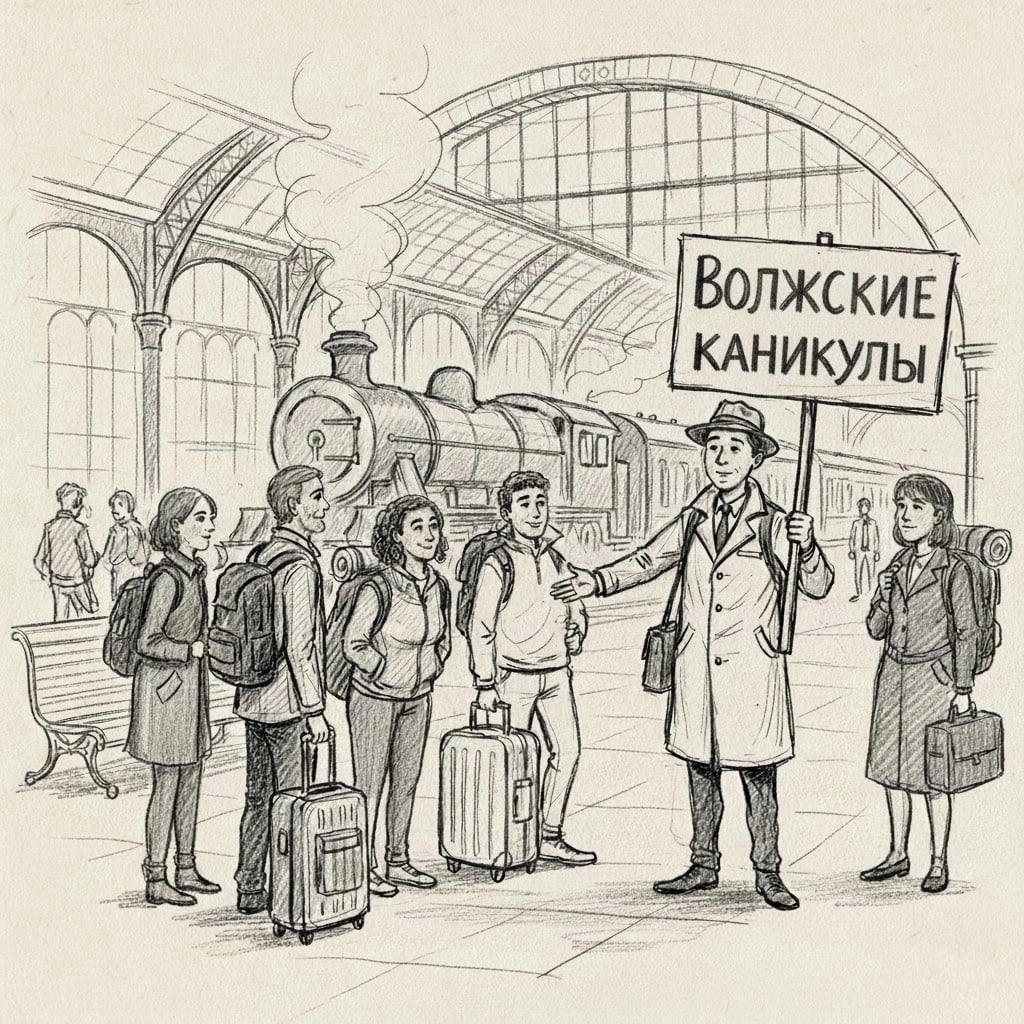 Гид встречает группу на железнодорожном вокзале